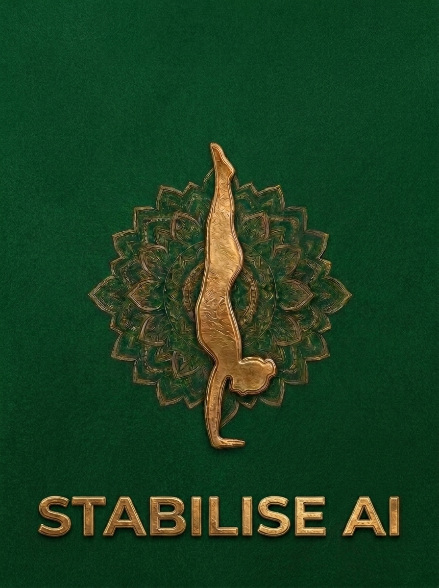 Logo featuring a gold figure performing a handstand against a green background, surrounded by a mandala design, with the text 'STABILISE AI' at the bottom.